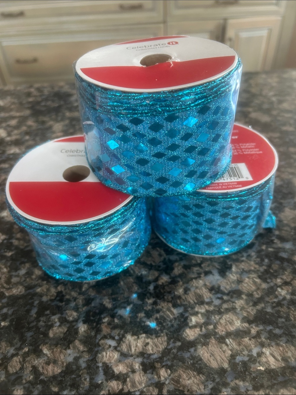 CELEBRATE IT WIRED  BLUE DIAMOND RIBBON 2.5"x30 FT LOT OF 3 NWT